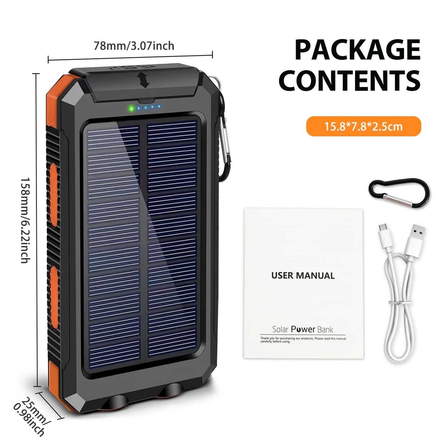 30000mAh Portable Solar Power Bank External Battery Waterproof Dual 5V 1A USB Ports LED Flashlight for iPhone Samsung Tablets