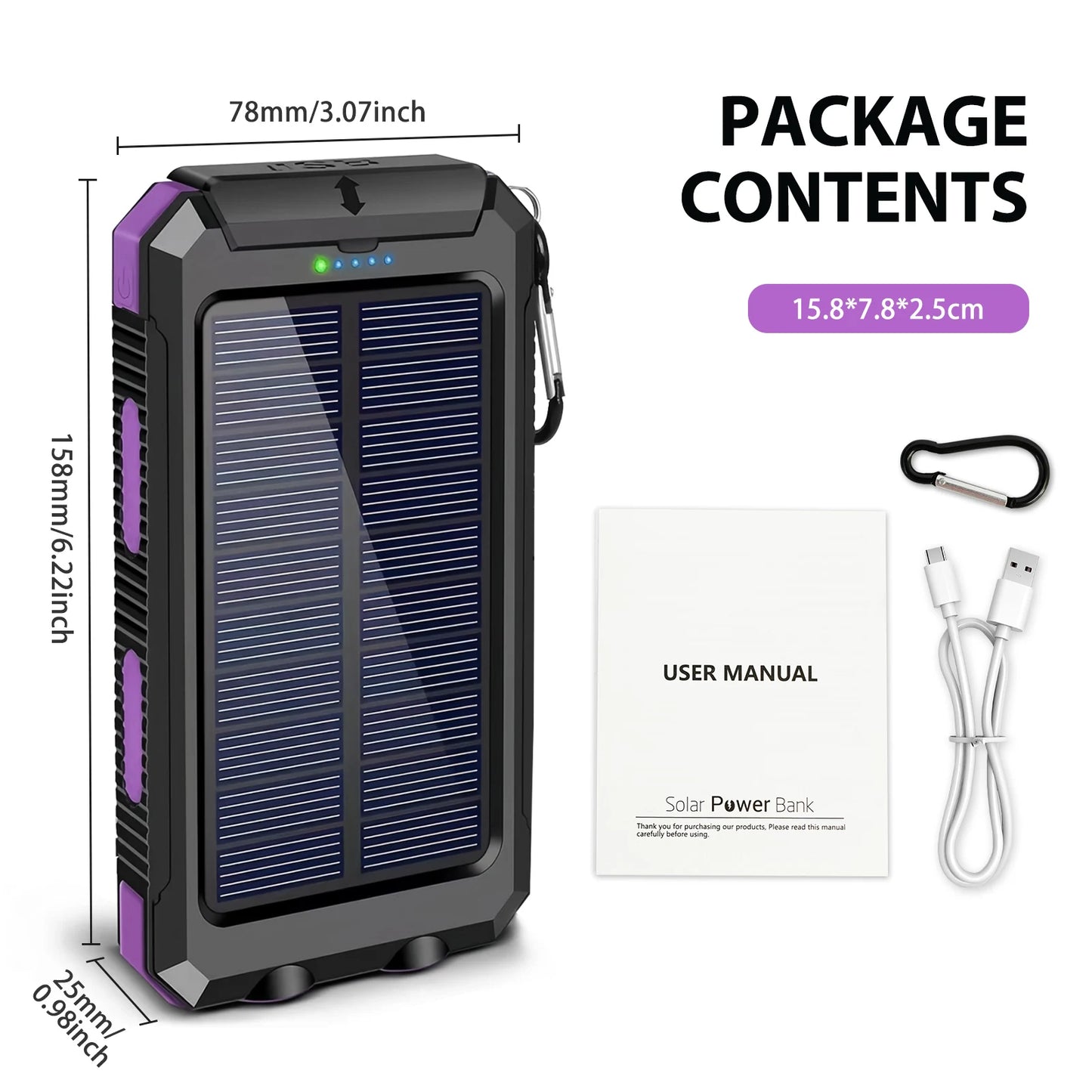 30000mAh Portable Solar Power Bank External Battery Waterproof Dual 5V 1A USB Ports LED Flashlight for iPhone Samsung Tablets