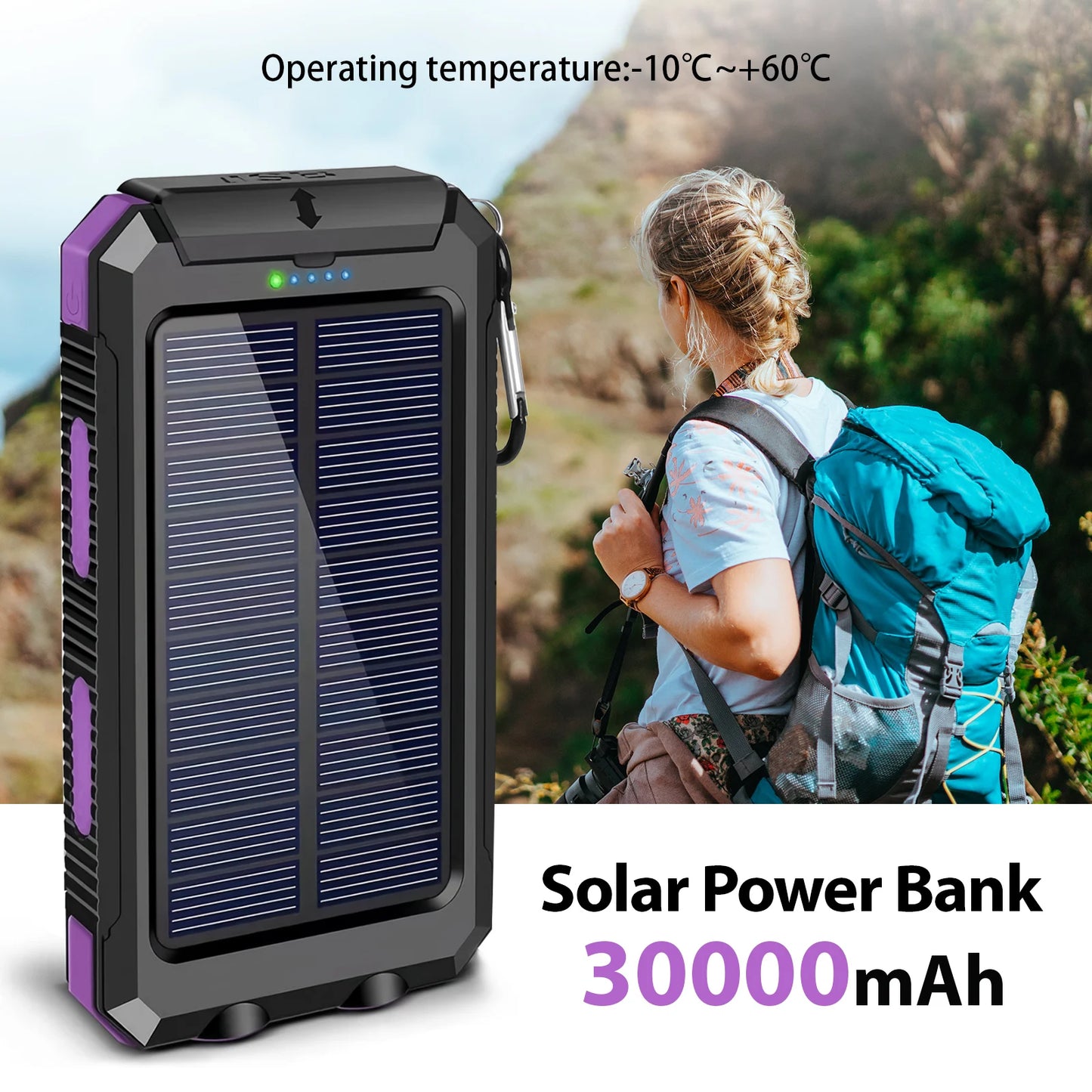 30000mAh Portable Solar Power Bank External Battery Waterproof Dual 5V 1A USB Ports LED Flashlight for iPhone Samsung Tablets