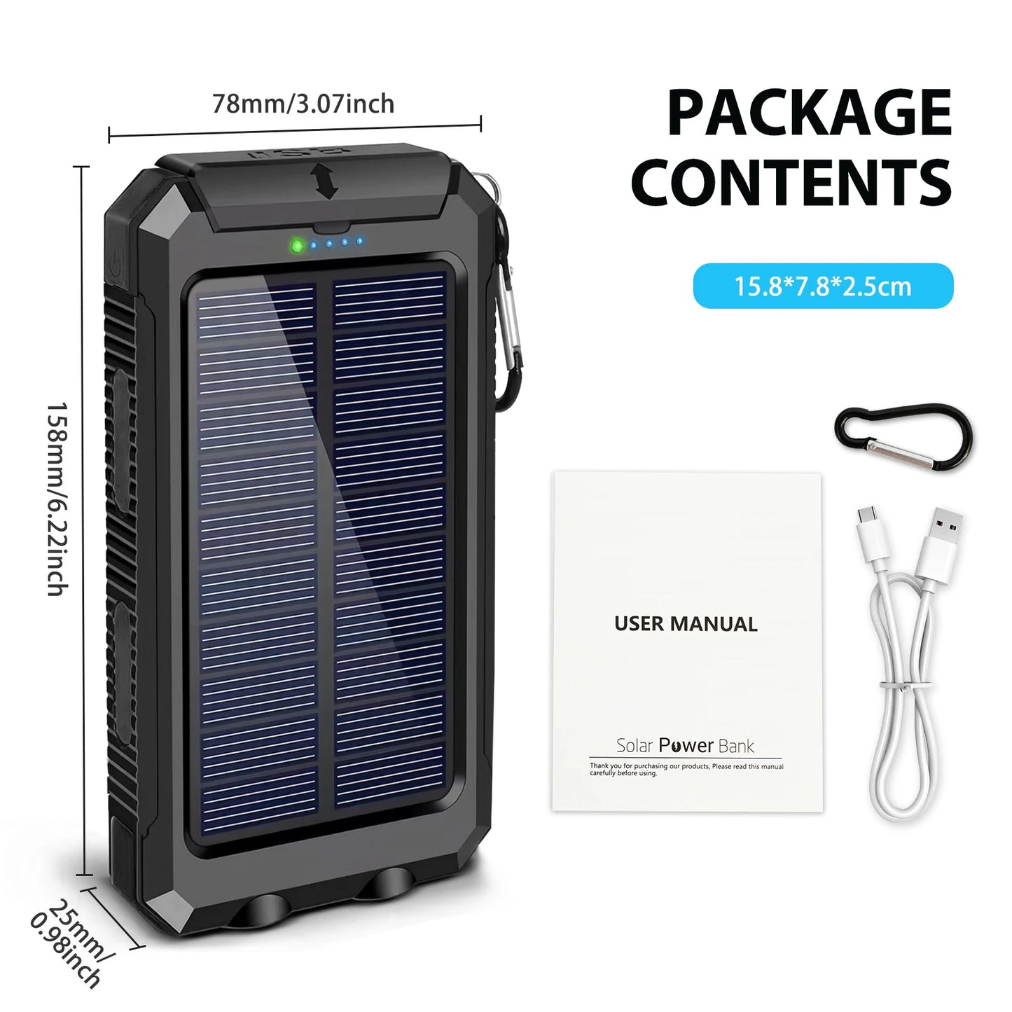 30000mAh Portable Solar Power Bank External Battery Waterproof Dual 5V 1A USB Ports LED Flashlight for iPhone Samsung Tablets